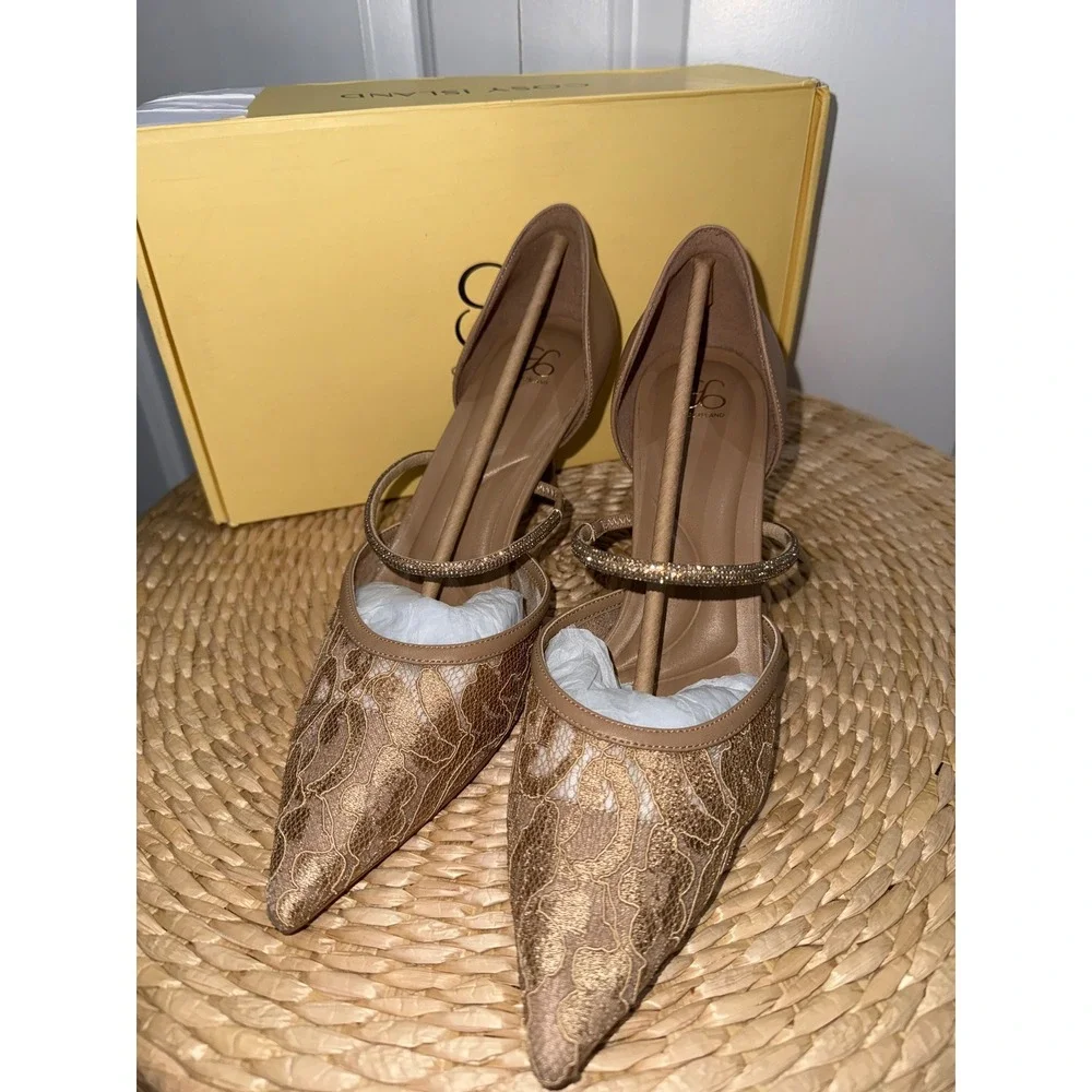 Cosy Island CharmElle Sparkle Pointed Toe Heeled Pumps Lace Apricot size 9.5‎